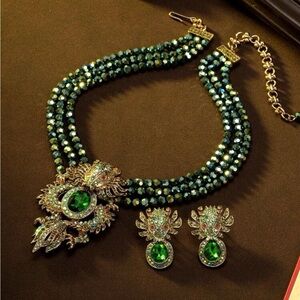 Luxurious Emerald and Gold Dragon Motif Necklace Set